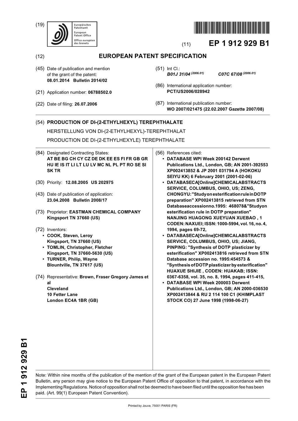 Terephthalate Herstellung Von Di-(2-Ethylhexyl)-Terephthalat Production De Di-(2-Ethylhexyle) Terephthalate