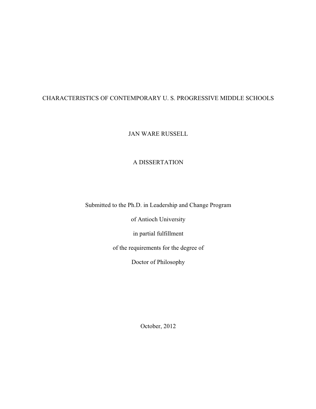 Characteristics of Contemporary U. S. Progressive Middle Schools