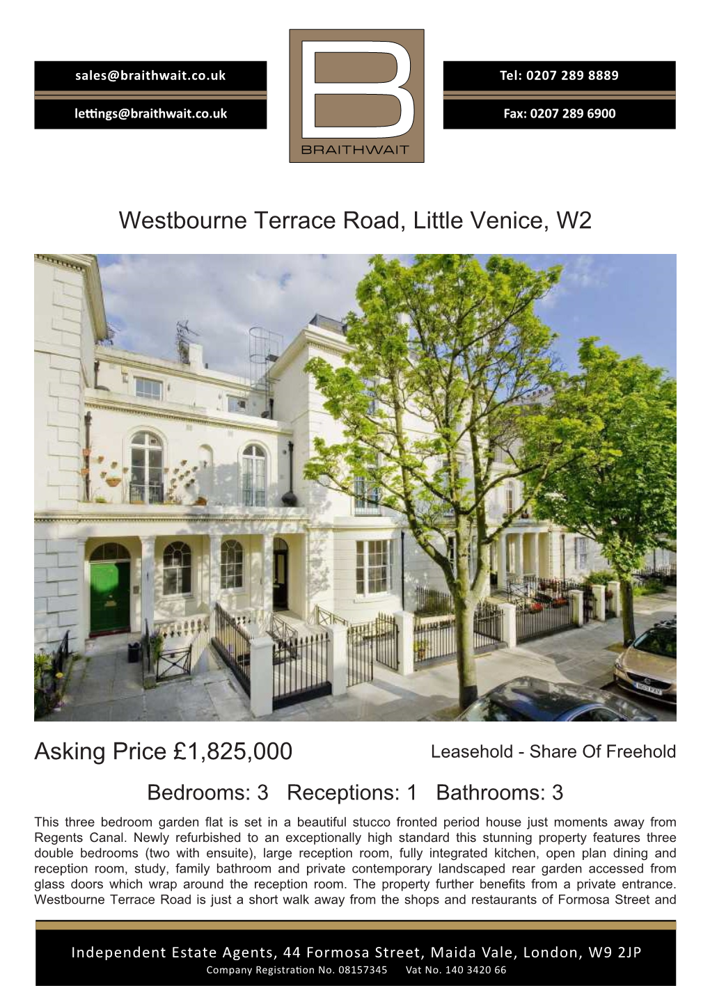 Westbourne Terrace Road, Little Venice, W2 Asking Price £1,825,000