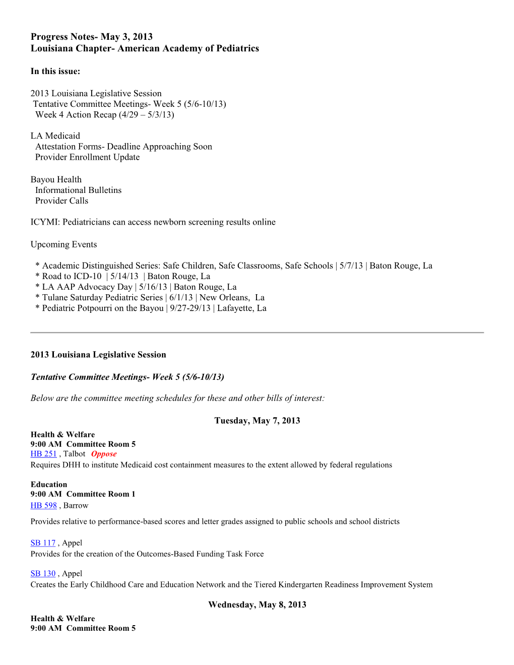 Progress Notes- May 3, 2013 Louisiana Chapter- American Academy of Pediatrics