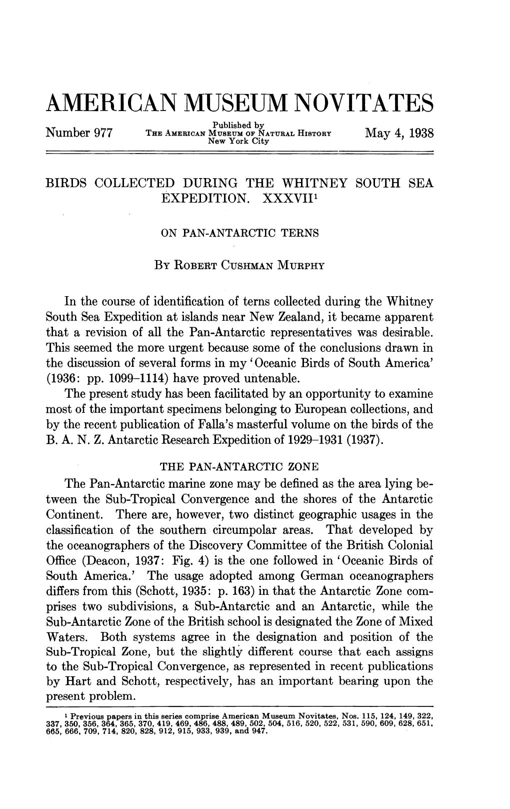 AMERICAN MUSEUM NOVITATES Published by Number 977 the AMERICAN MUSEUM of NATURAL HISTORY 4, 1938 New York City May