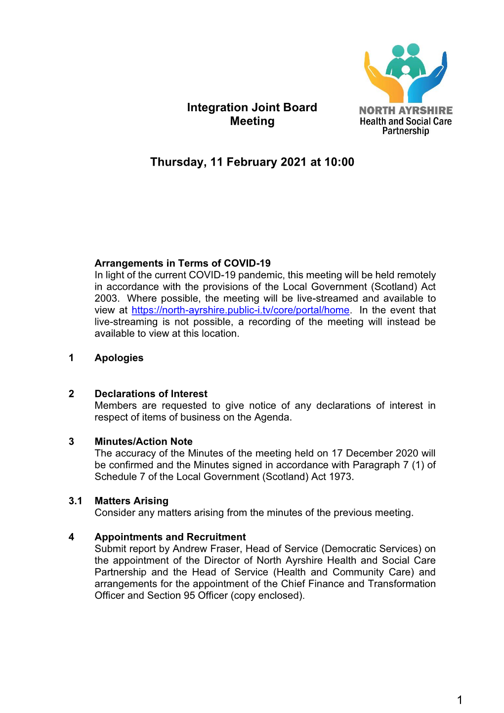 Integration Joint Board Meeting Thursday, 11 February 2021 at 10