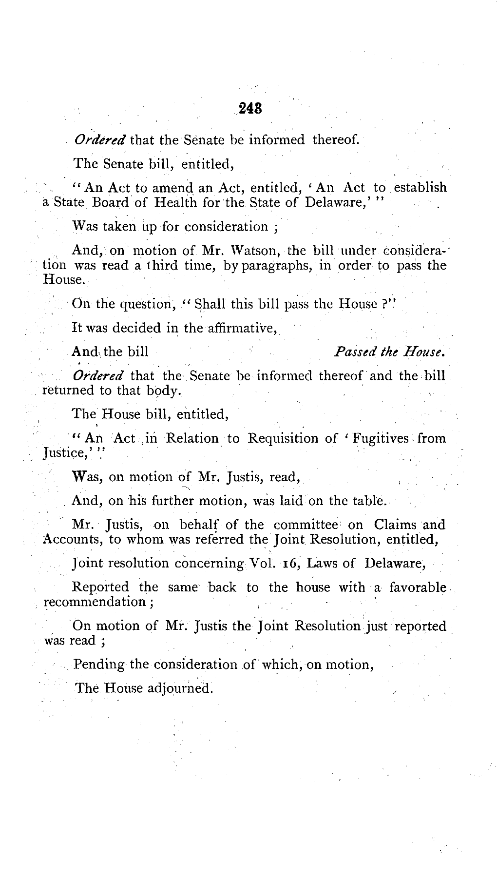 An Act to Amend an Act, Entitled, ' an Act to Establish a State Board of Health for the State of Delaware,' " Was Taken up for Consideration ;