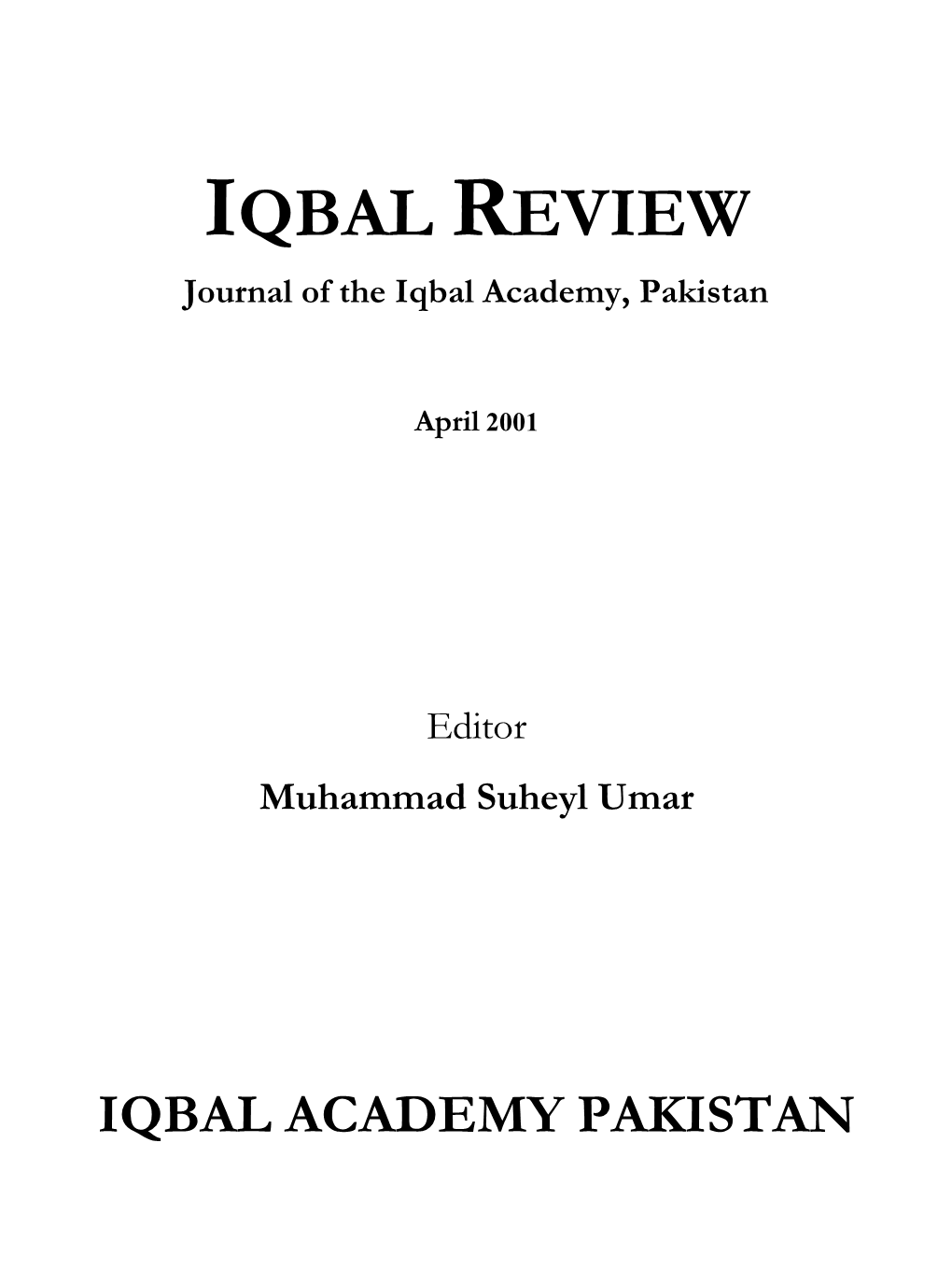 IQBAL REVIEW Journal of the Iqbal Academy, Pakistan