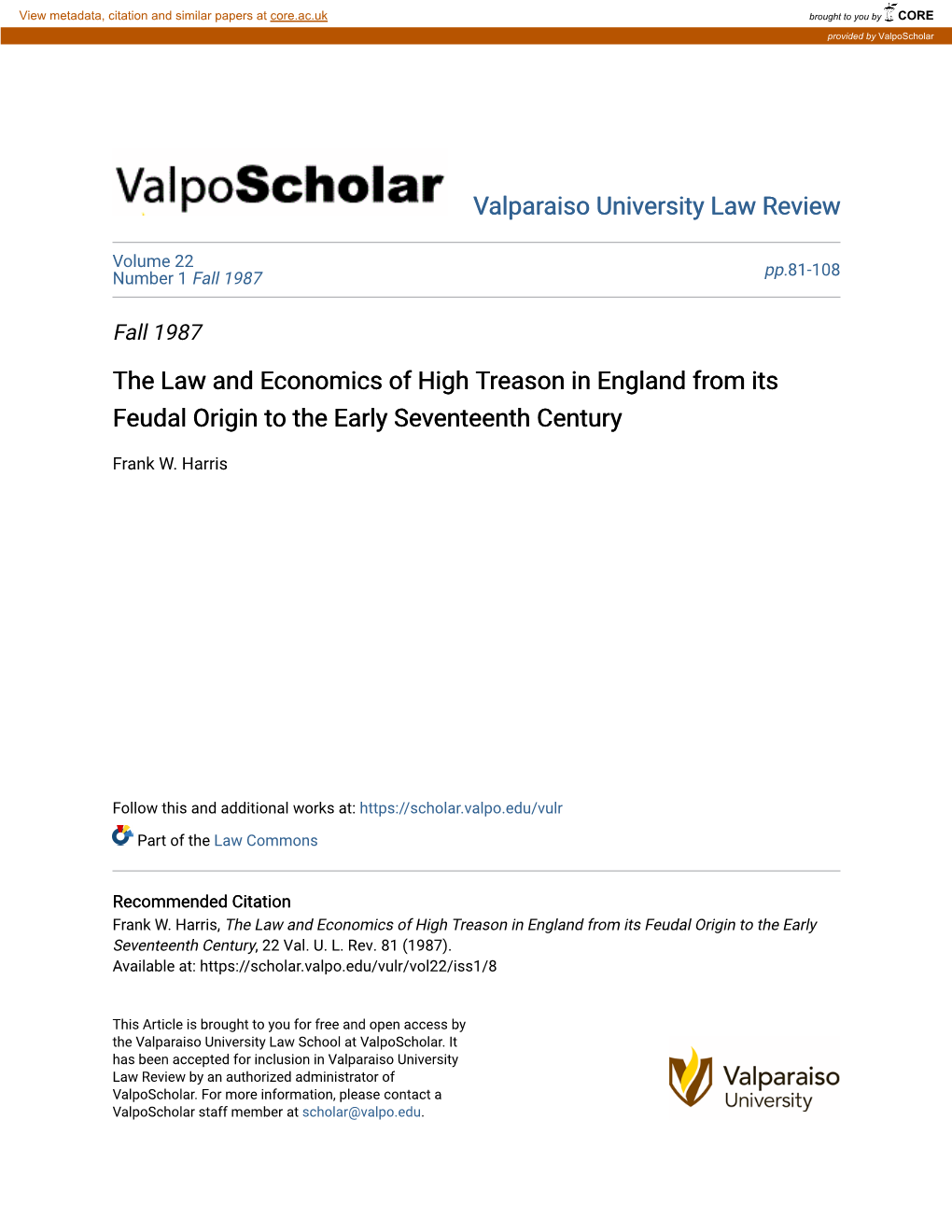 The Law and Economics of High Treason in England from Its Feudal Origin to the Early Seventeenth Century