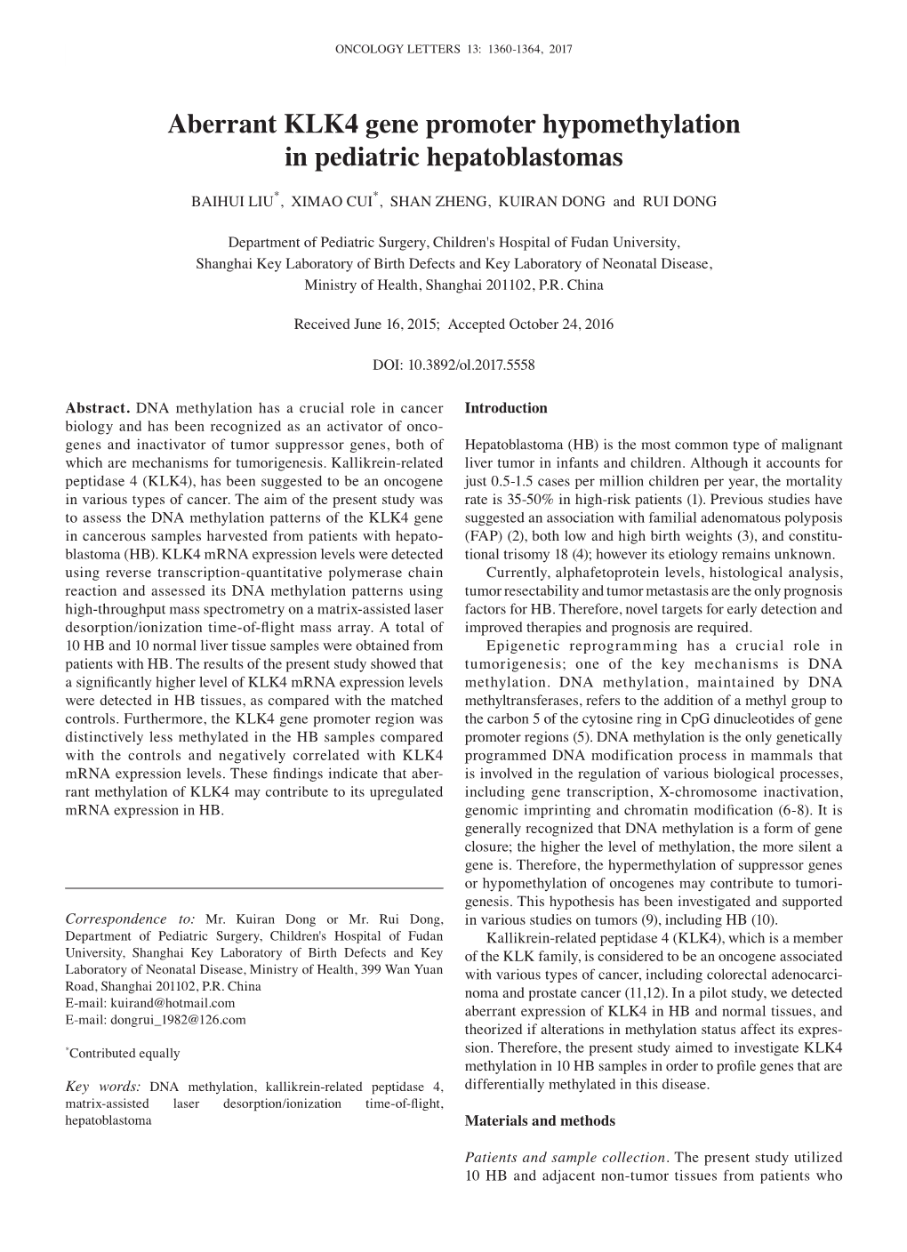 Aberrant KLK4 Gene Promoter Hypomethylation in Pediatric Hepatoblastomas