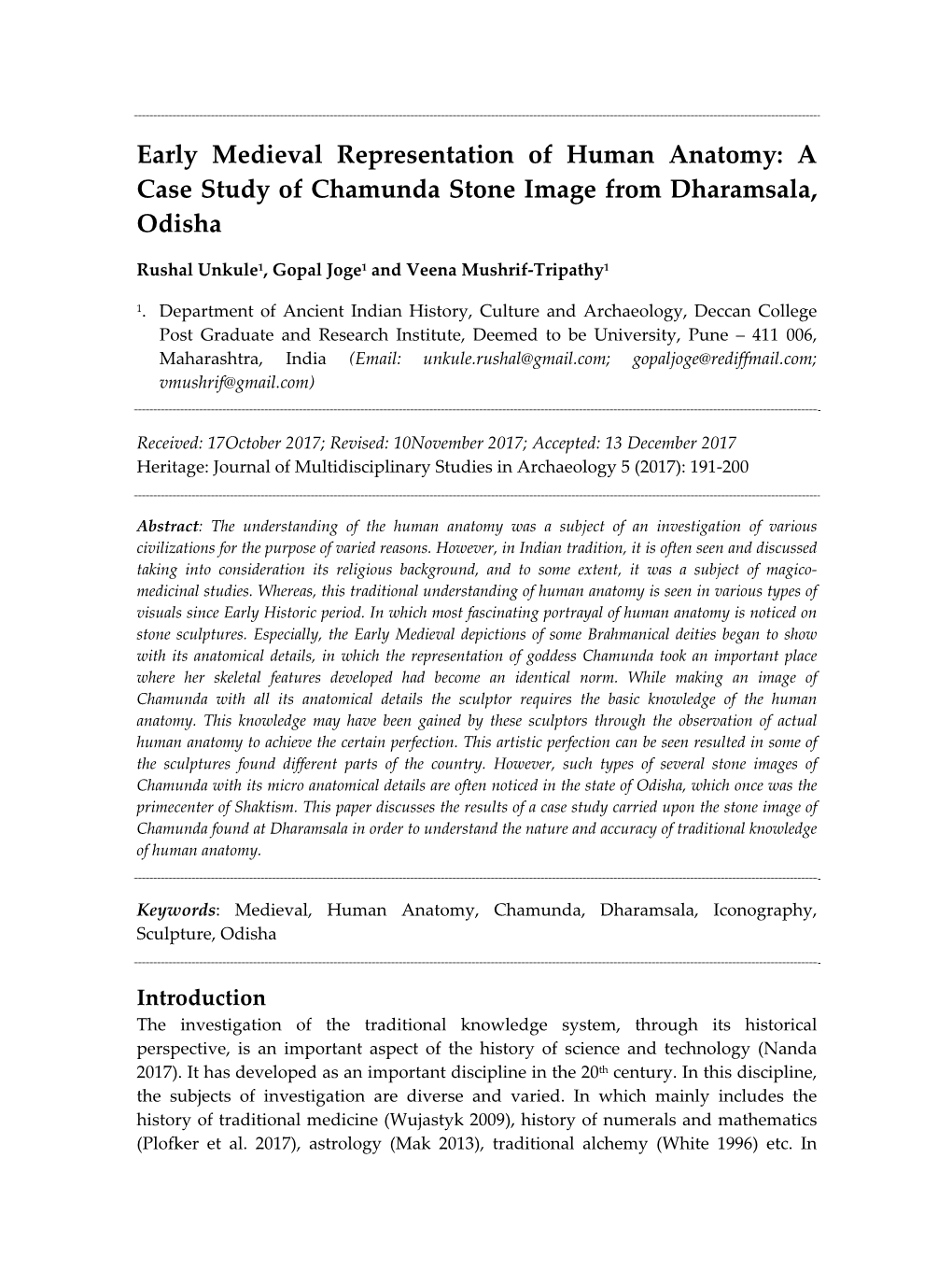 Early Medieval Representation of Human Anatomy: a Case Study of Chamunda Stone Image from Dharamsala, Odisha