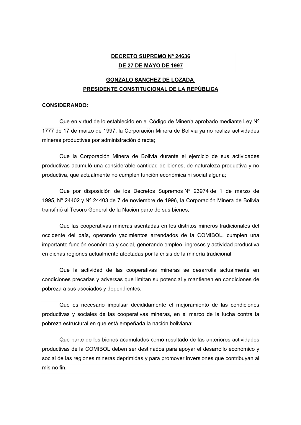 Decreto Supremo Nº 24636 De 27 De Mayo De 1997 Gonzalo