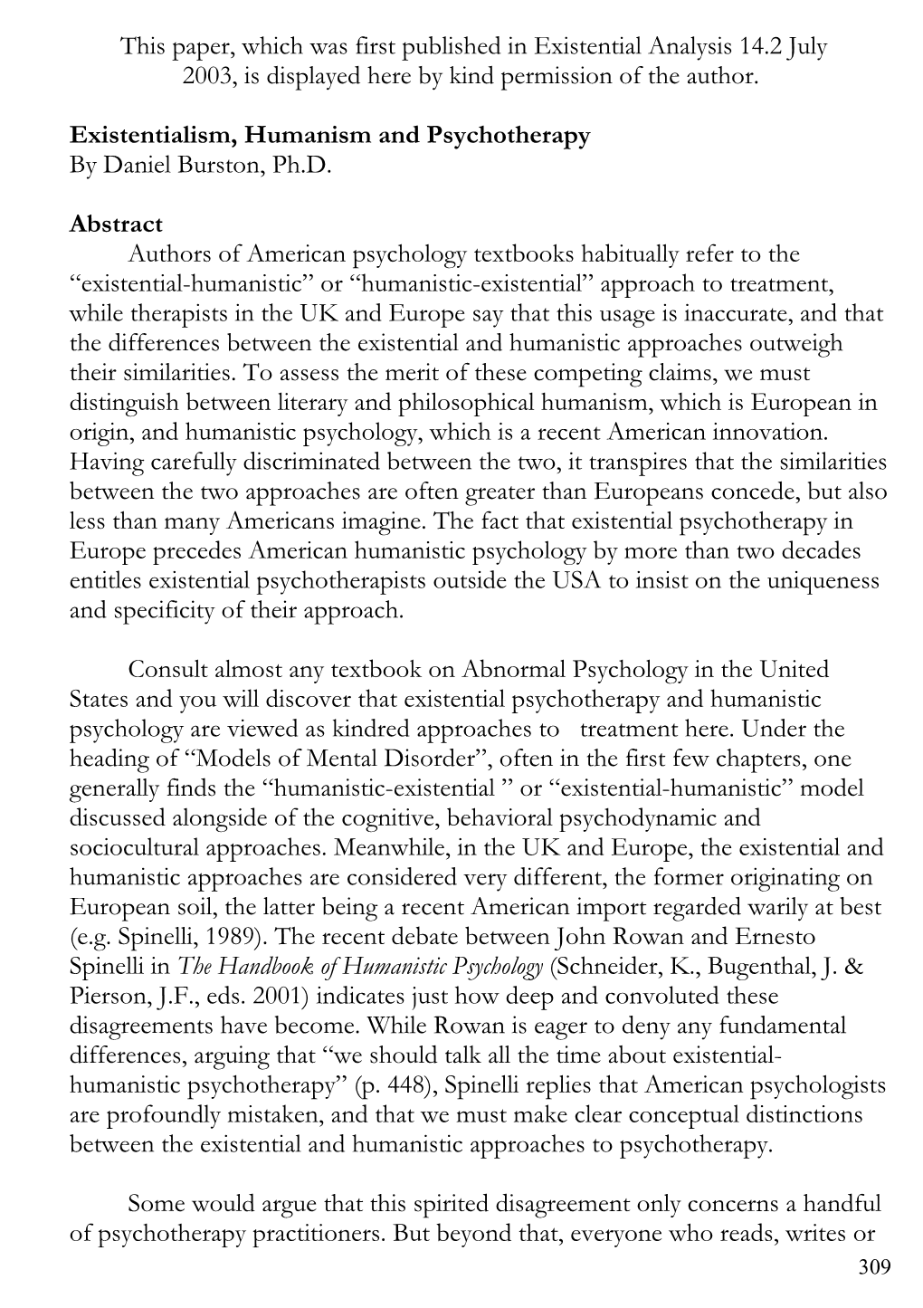 Existentialism, Humanism and Psychotherapy by Daniel Burston, Ph.D