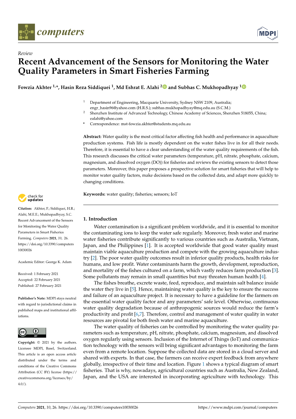 Recent Advancement of the Sensors for Monitoring the Water Quality Parameters in Smart Fisheries Farming