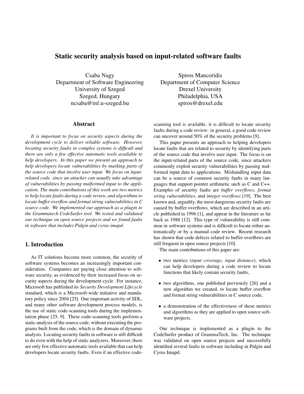 Static Security Analysis Based on Input-Related Software Faults