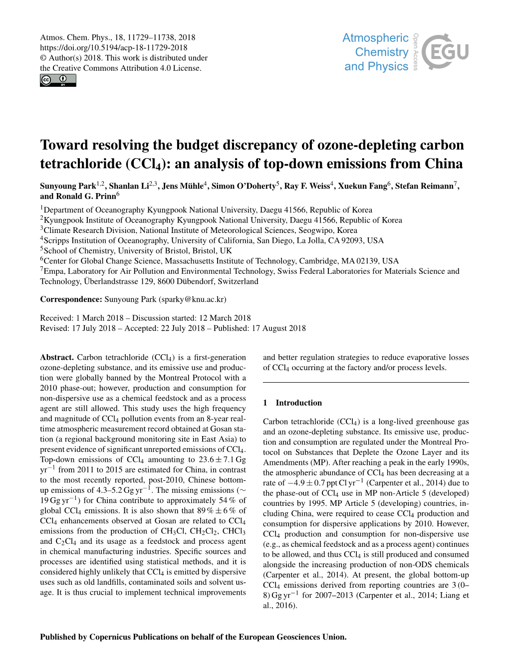 Toward Resolving the Budget Discrepancy of Ozone-Depleting Carbon Tetrachloride (Ccl4): an Analysis of Top-Down Emissions from China