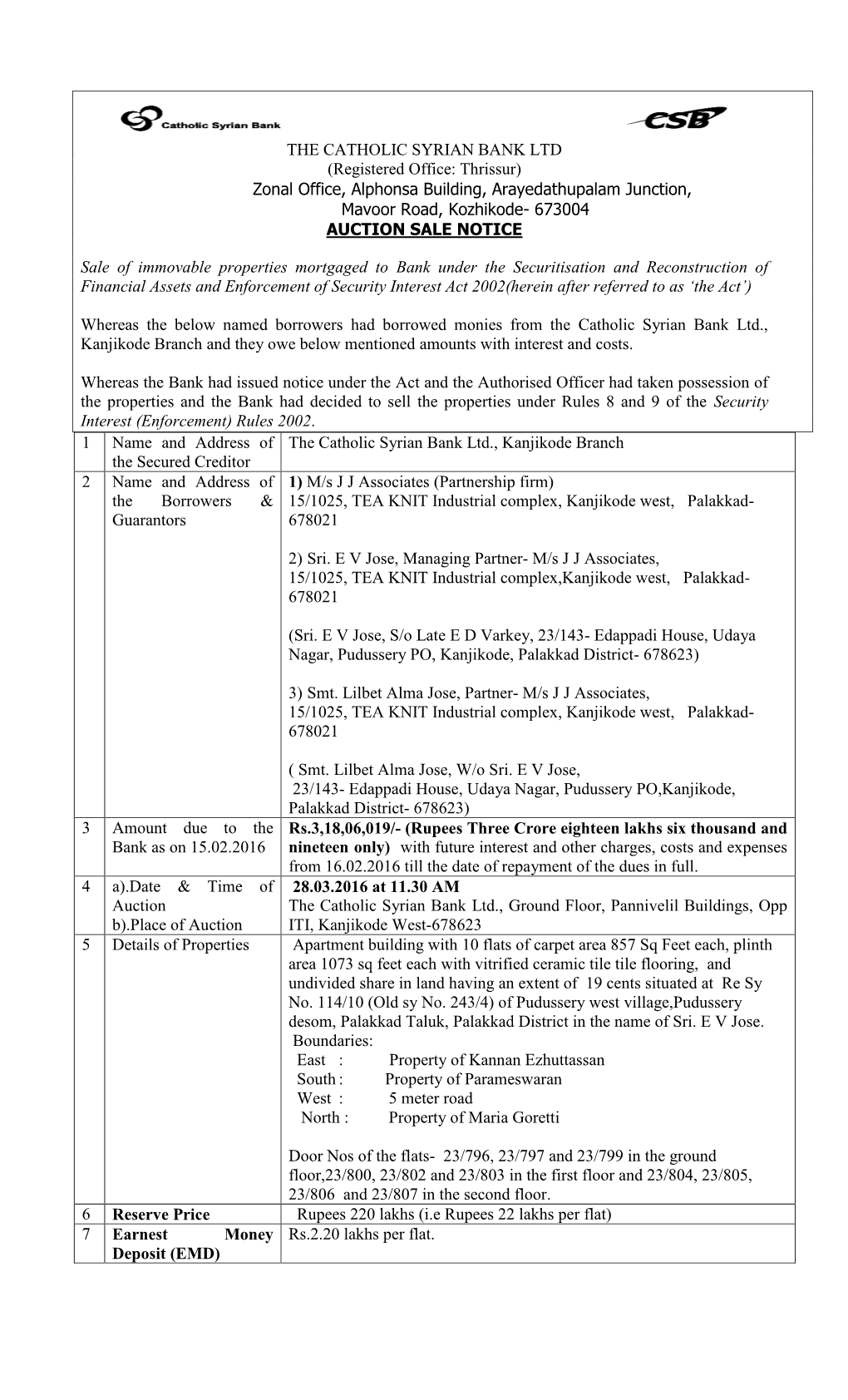 THE CATHOLIC SYRIAN BANK LTD (Registered Office: Thrissur)