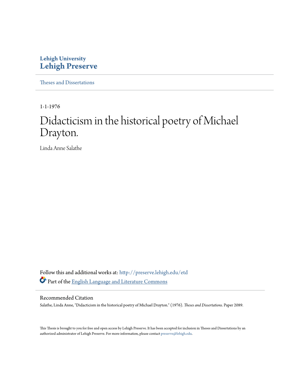 Didacticism in the Historical Poetry of Michael Drayton. Linda Anne Salathe