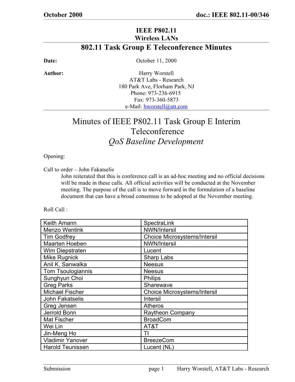 802.11 Task Group E Teleconference Minutes