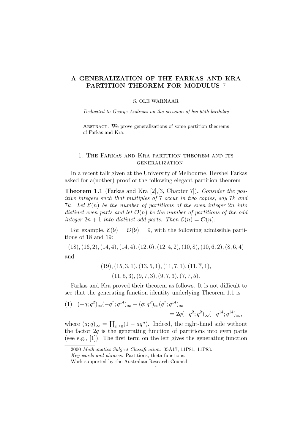 A Generalization of the Farkas and Kra Partition Theorem for Modulus 7