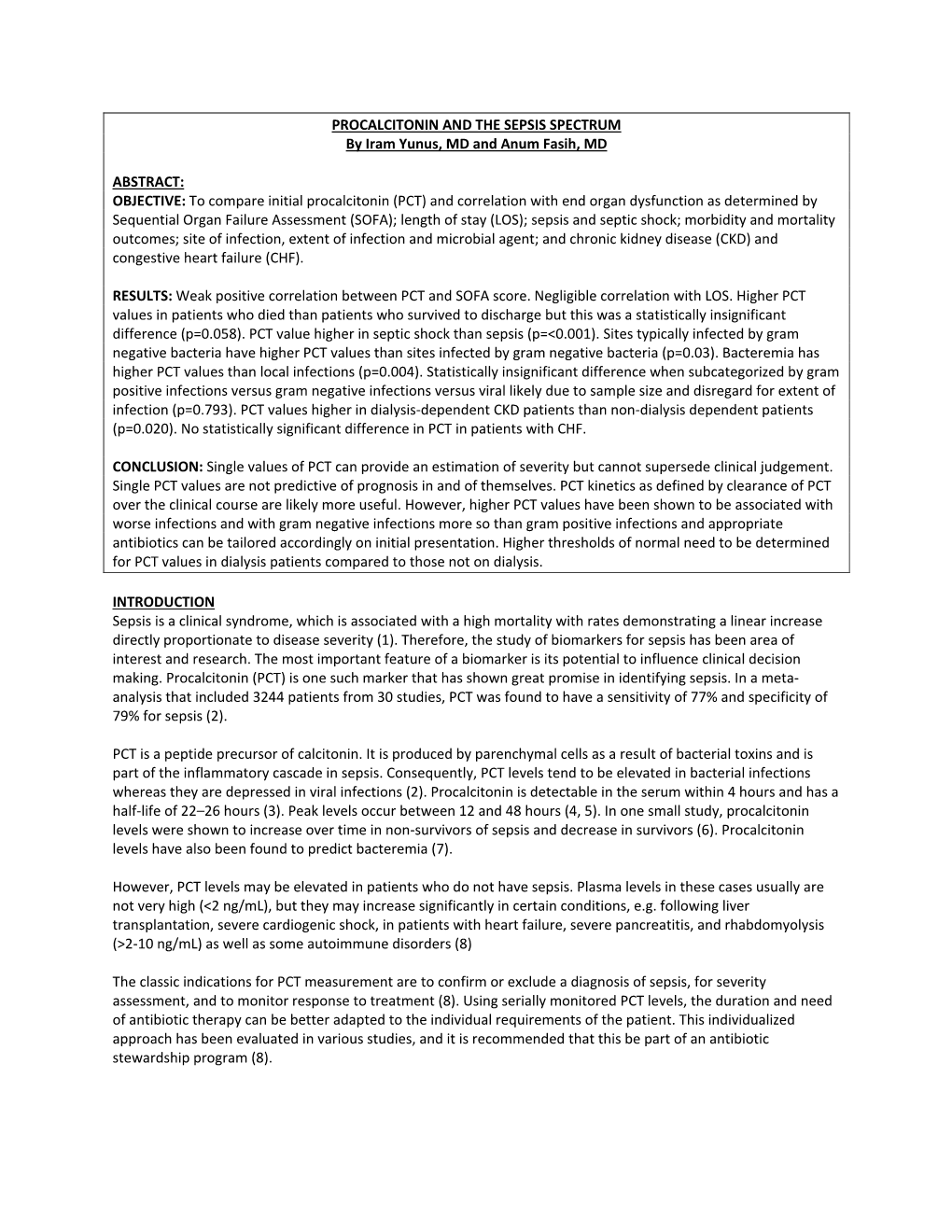 PROCALCITONIN and the SEPSIS SPECTRUM by Iram Yunus, MD and Anum Fasih, MD