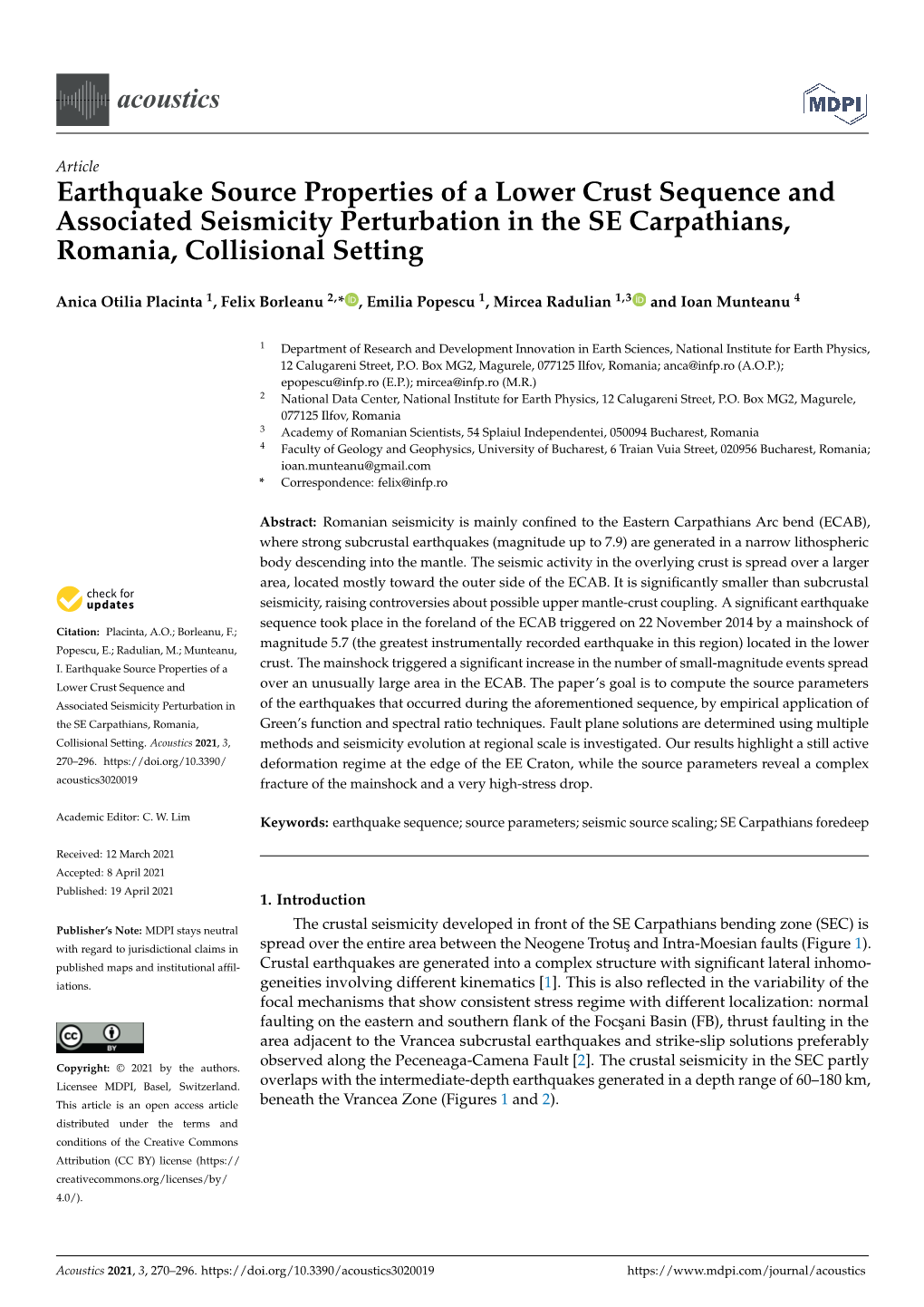 Earthquake Source Properties of a Lower Crust Sequence and Associated Seismicity Perturbation in the SE Carpathians, Romania, Collisional Setting