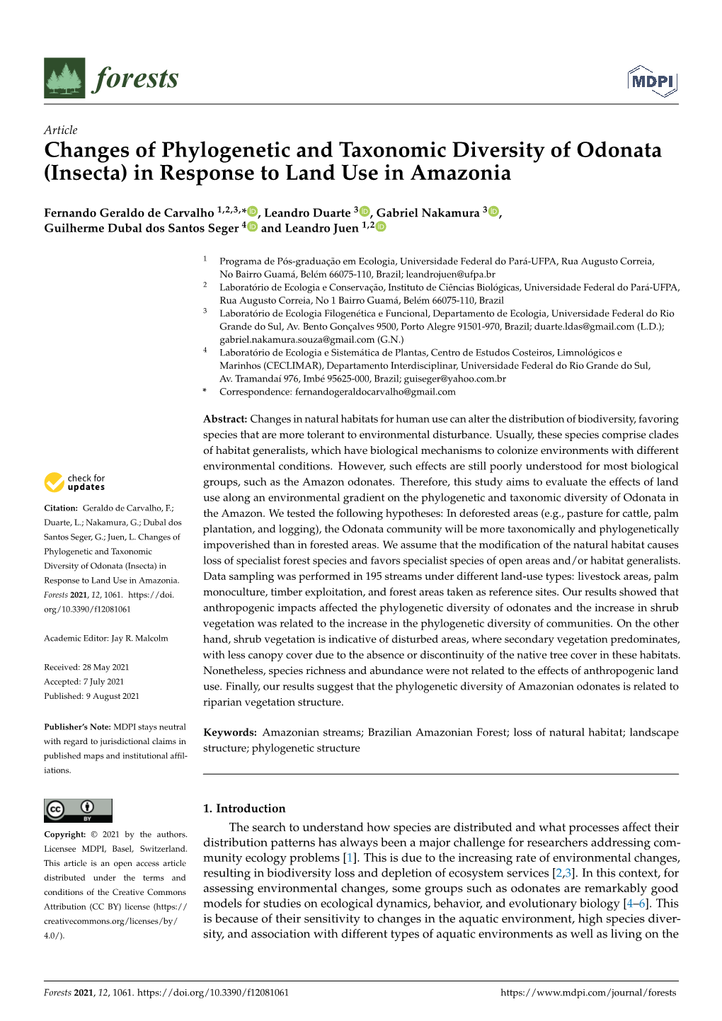 Changes of Phylogenetic and Taxonomic Diversity of Odonata (Insecta) in Response to Land Use in Amazonia