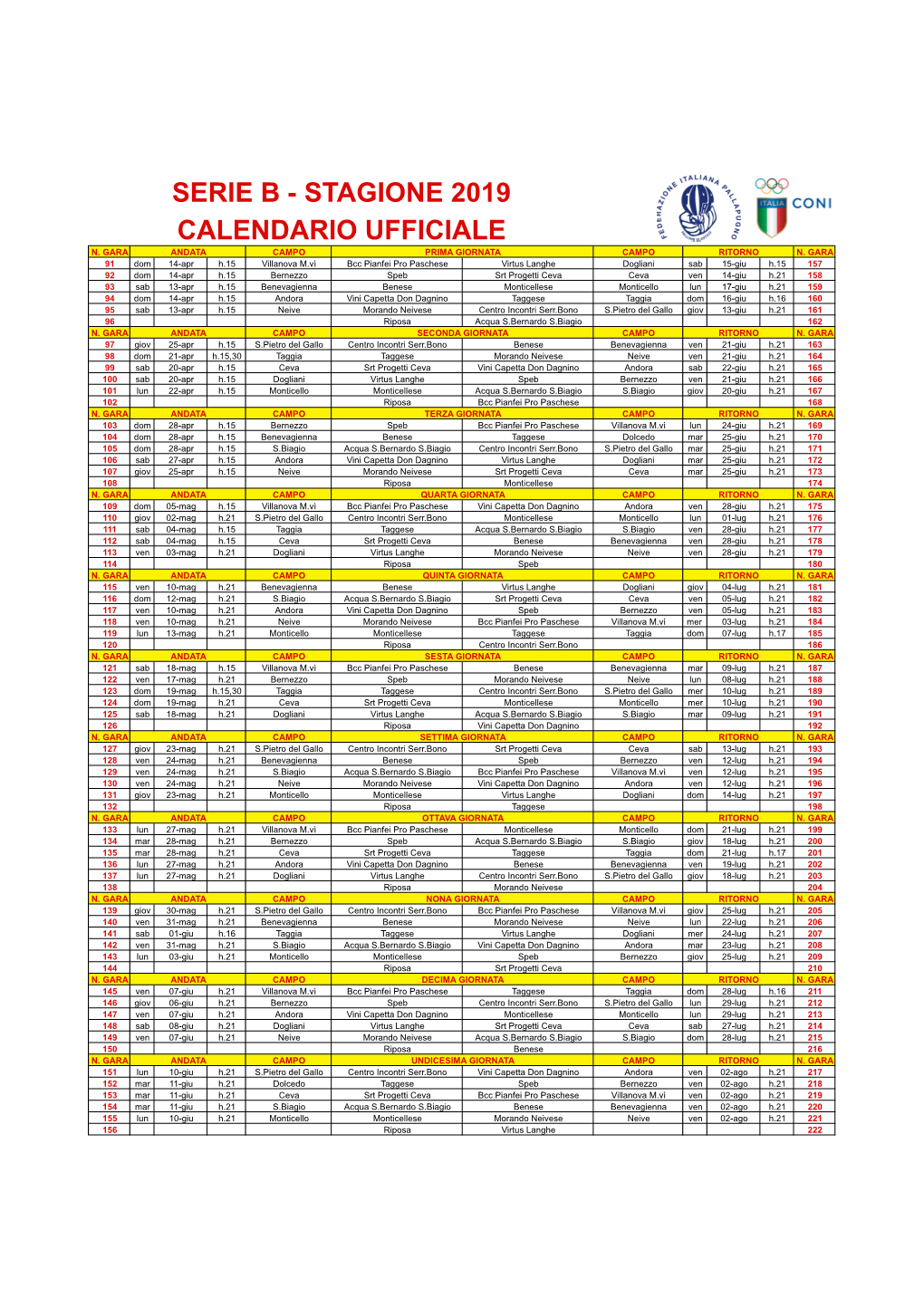 Serie B - Stagione 2019 Calendario Ufficiale N