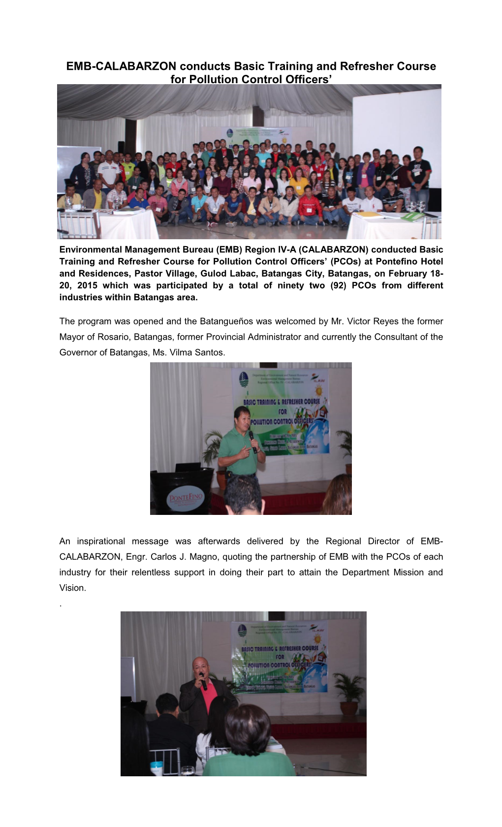 EMB-CALABARZON Conducts Basic Training and Refresher Course for Pollution Control Officers’