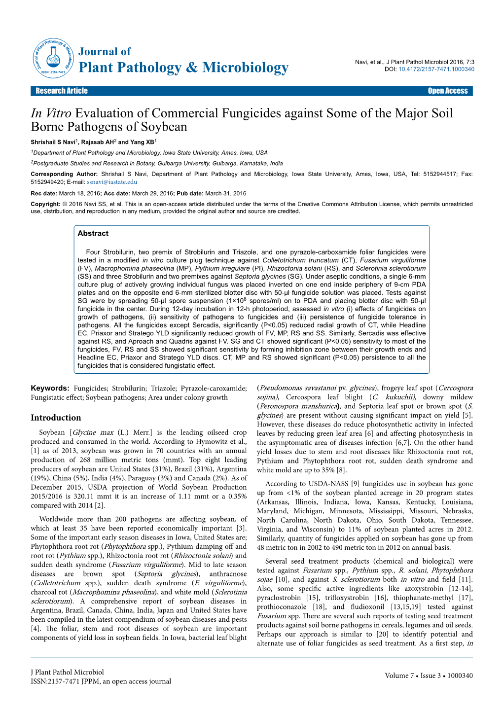 In Vitro Evaluation of Commercial Fungicides Against Some of the Major Soil Borne Pathogens of Soybean