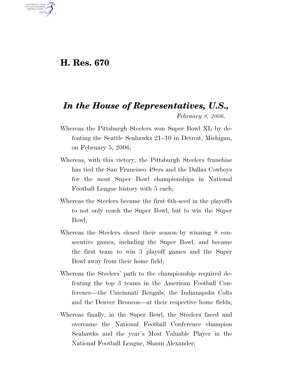 H. Res. 670 in the House of Representatives, U.S
