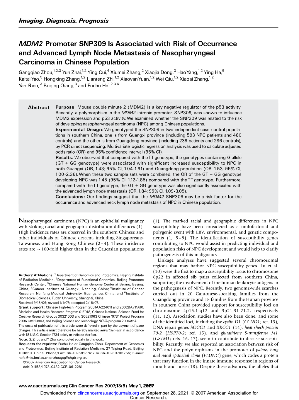 MDM2 Promoter SNP309 Is Associated with Risk of Occurrence