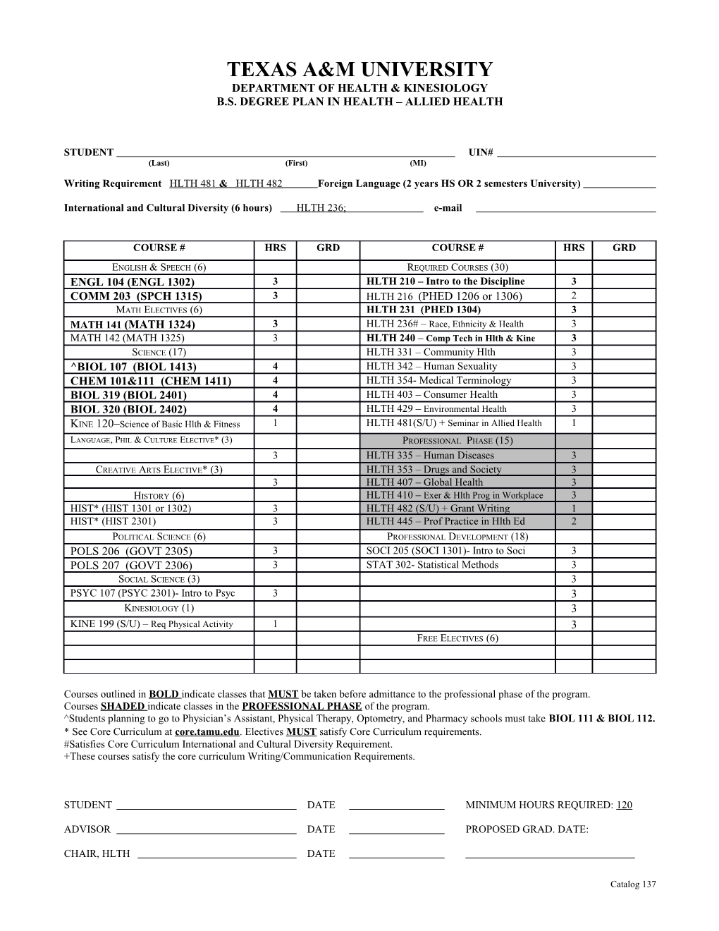 B.S. Degree Plan in Health Allied Health