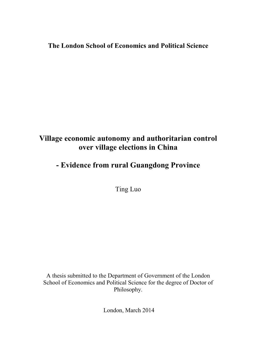 Village Economic Autonomy and Authoritarian Control Over Village Elections in China