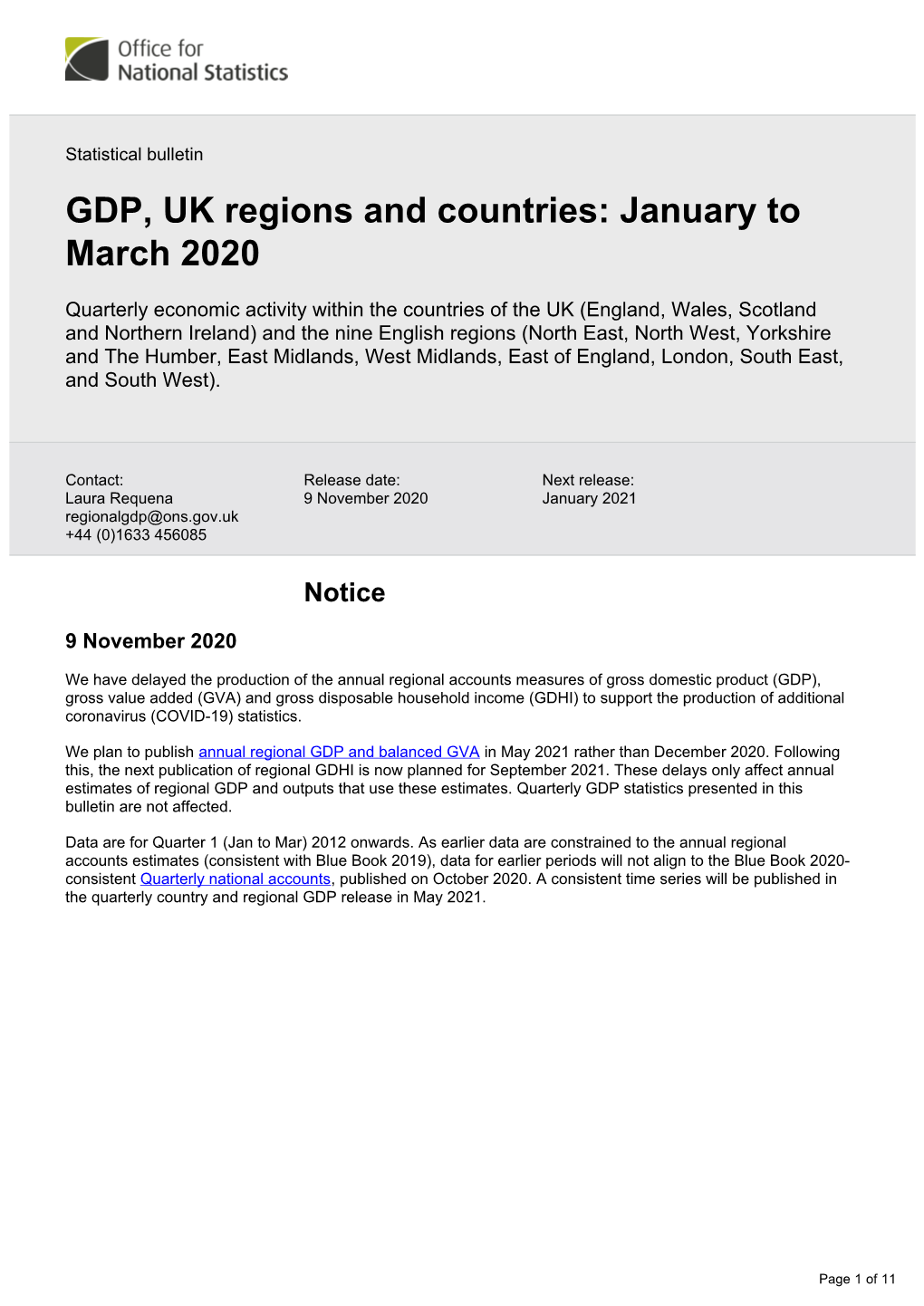 GDP, UK Regions and Countries: January to March 2020