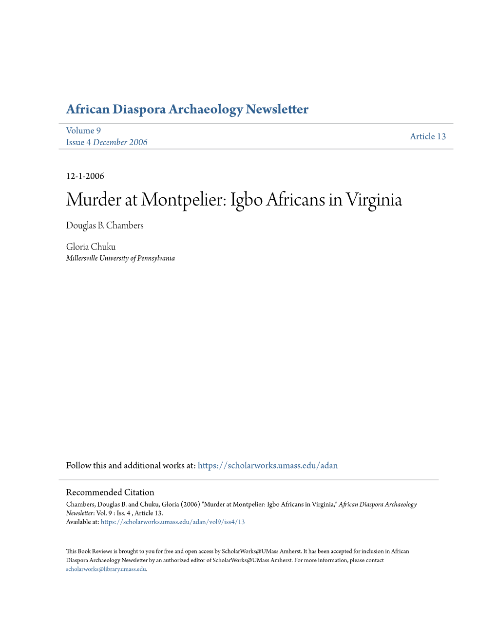 Murder at Montpelier: Igbo Africans in Virginia Douglas B