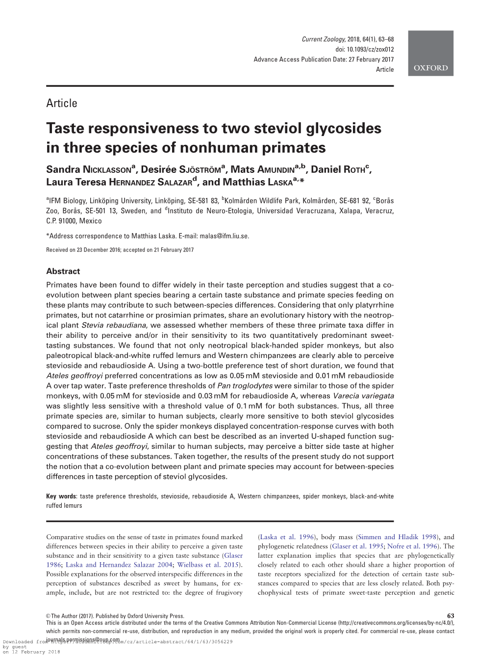 Taste Responsiveness to Two Steviol Glycosides in Three Species of Nonhuman Primates