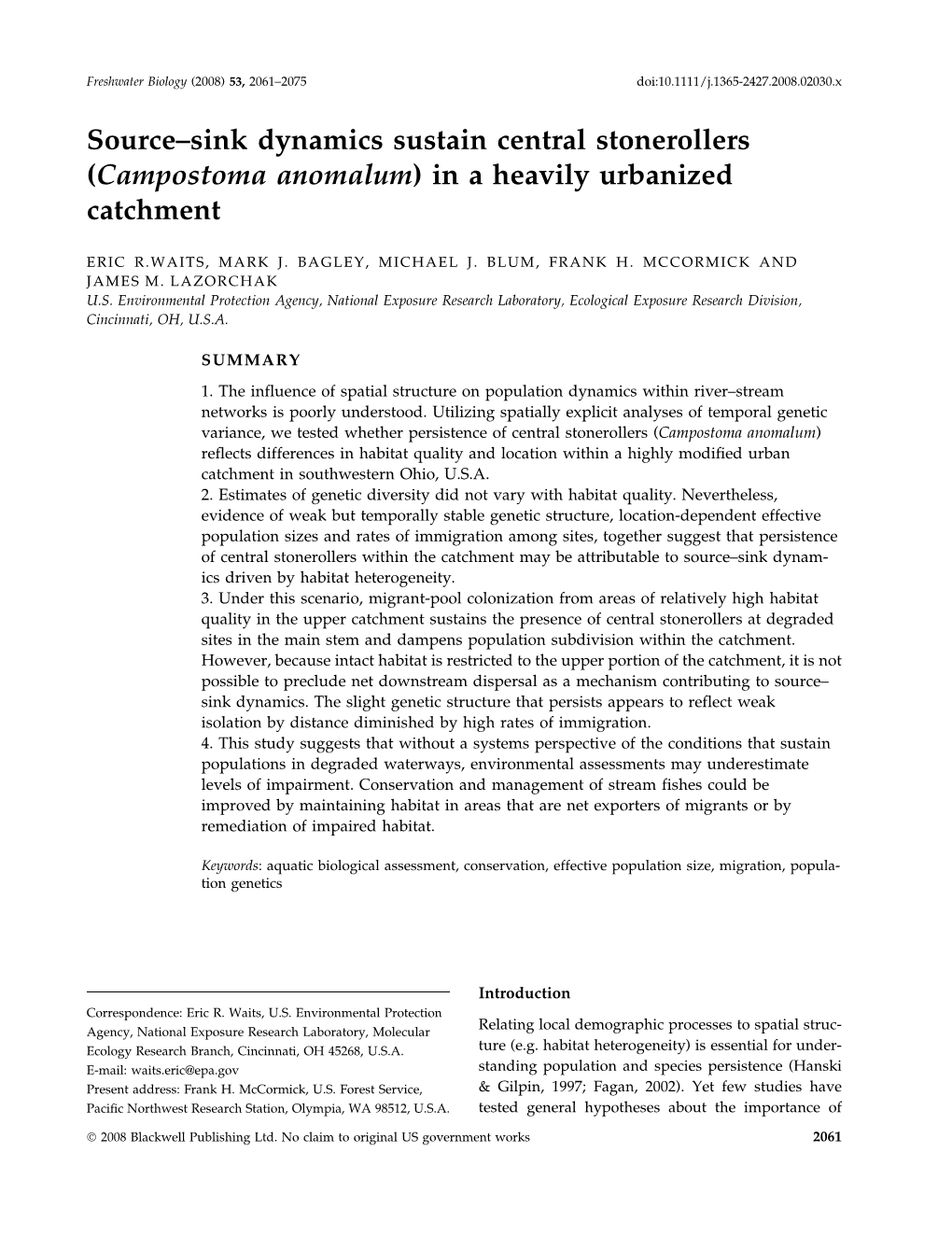 Campostoma Anomalum) in a Heavily Urbanized Catchment