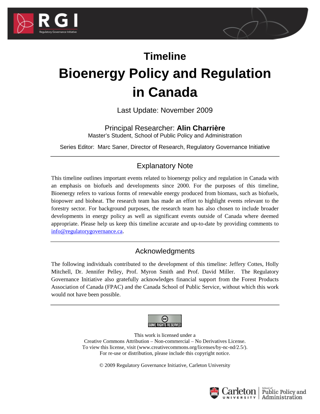 Bioenergy Policy and Regulation in Canada – November 2009