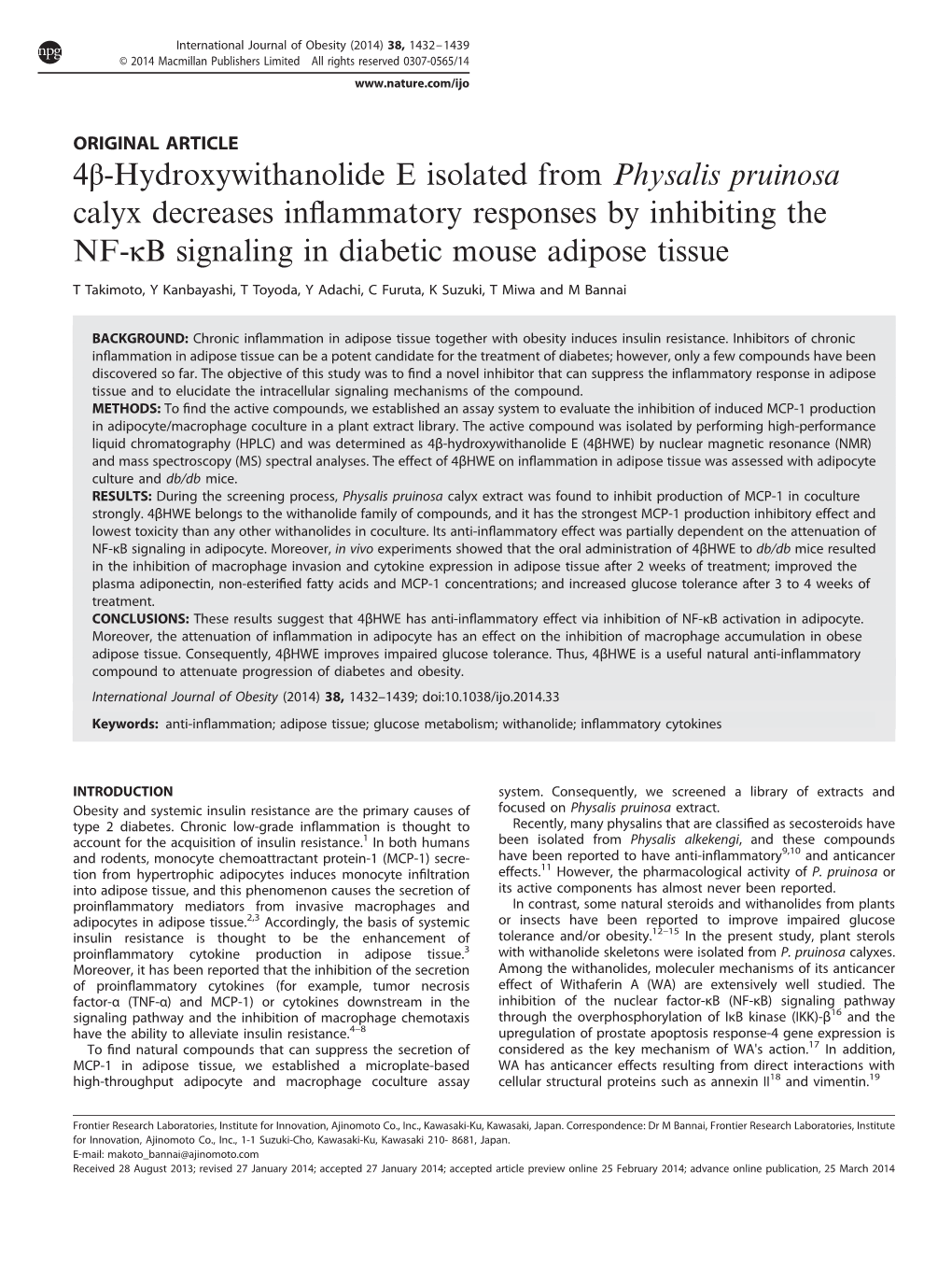 Hydroxywithanolide E Isolated from Physalis Pruinosa Calyx Decreases Inﬂammatory Responses by Inhibiting the NF-Κb Signaling in Diabetic Mouse Adipose Tissue