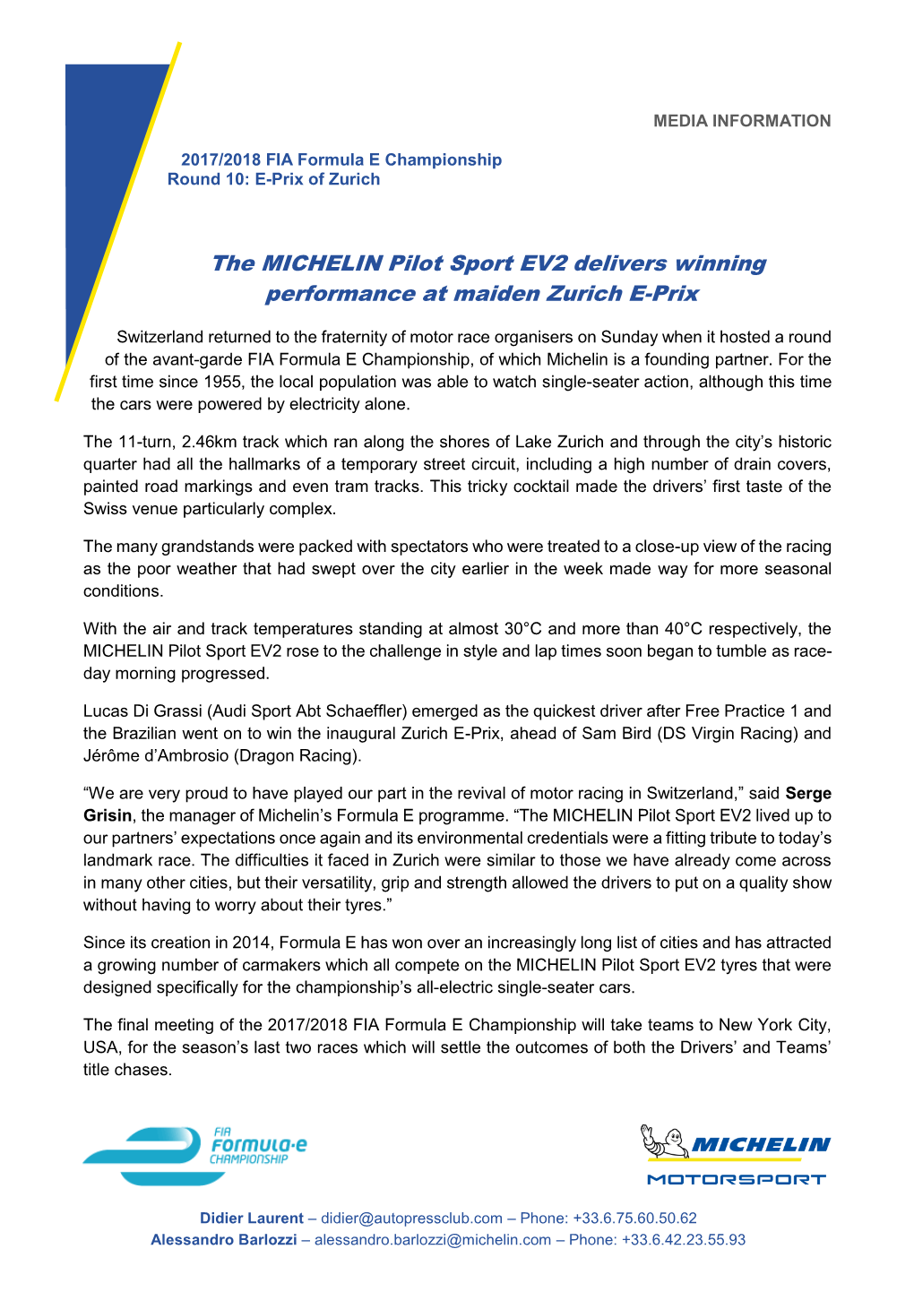 The MICHELIN Pilot Sport EV2 Delivers Winning Performance at Maiden Zurich E-Prix