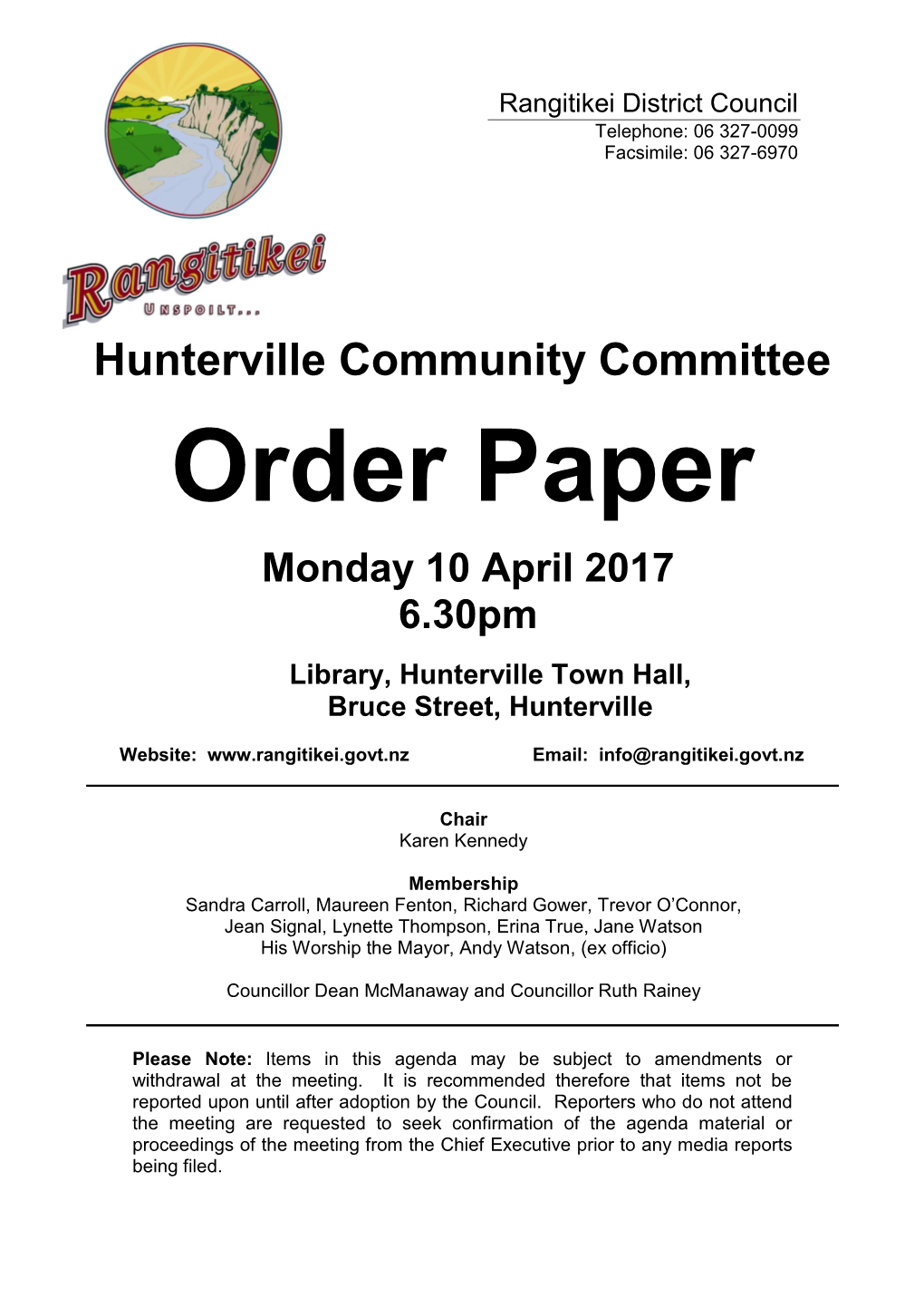 Hunterville Community Committee Order Paper 10 April 2017