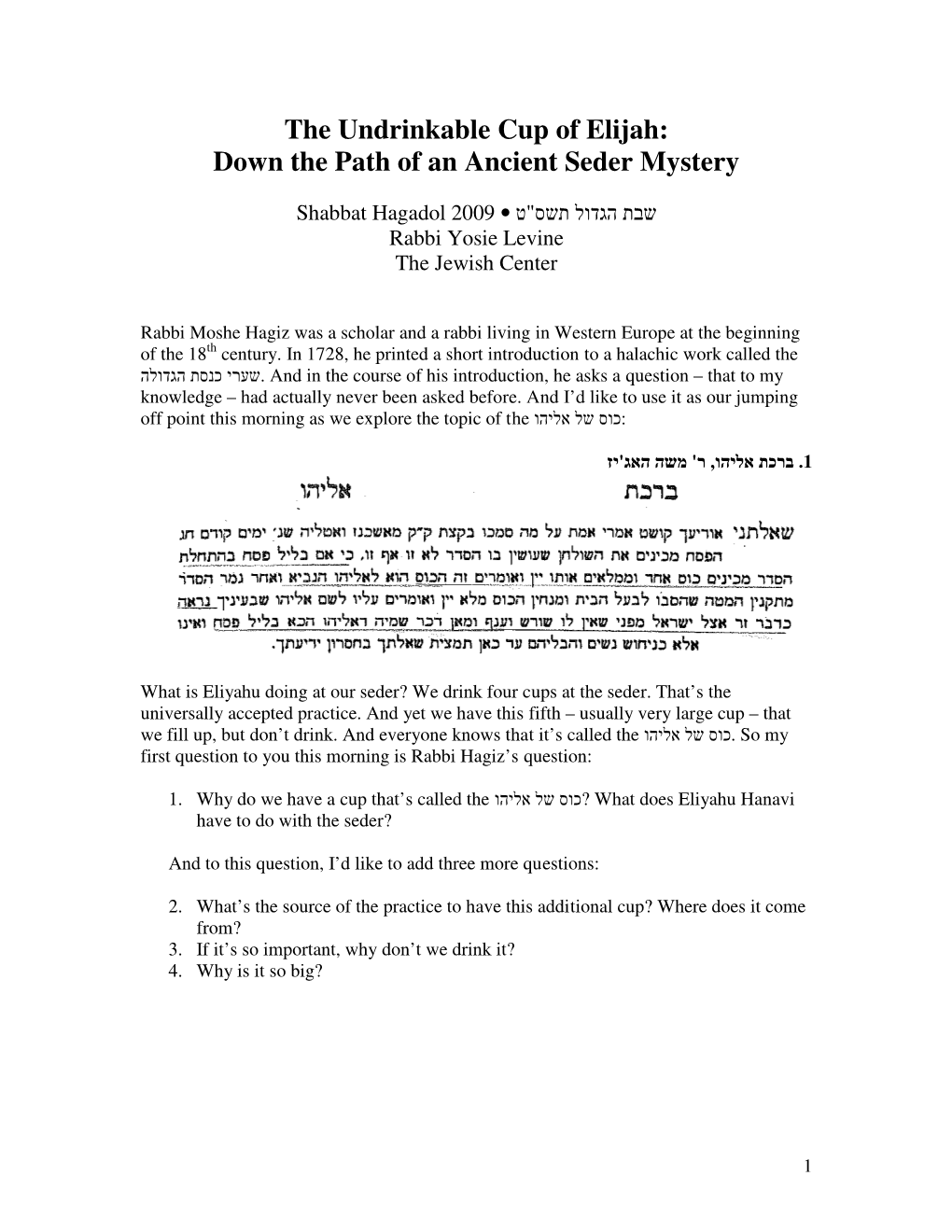 The Undrinkable Cup of Elijah: Down the Path of an Ancient Seder Mystery