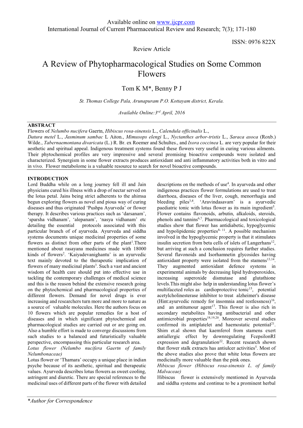 A Review of Phytopharmacological Studies on Some Common Flowers