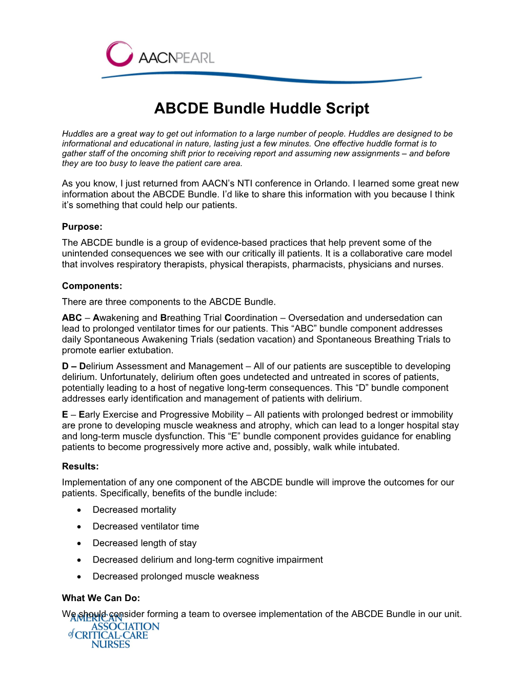 ABCDE Bundle Huddle Script