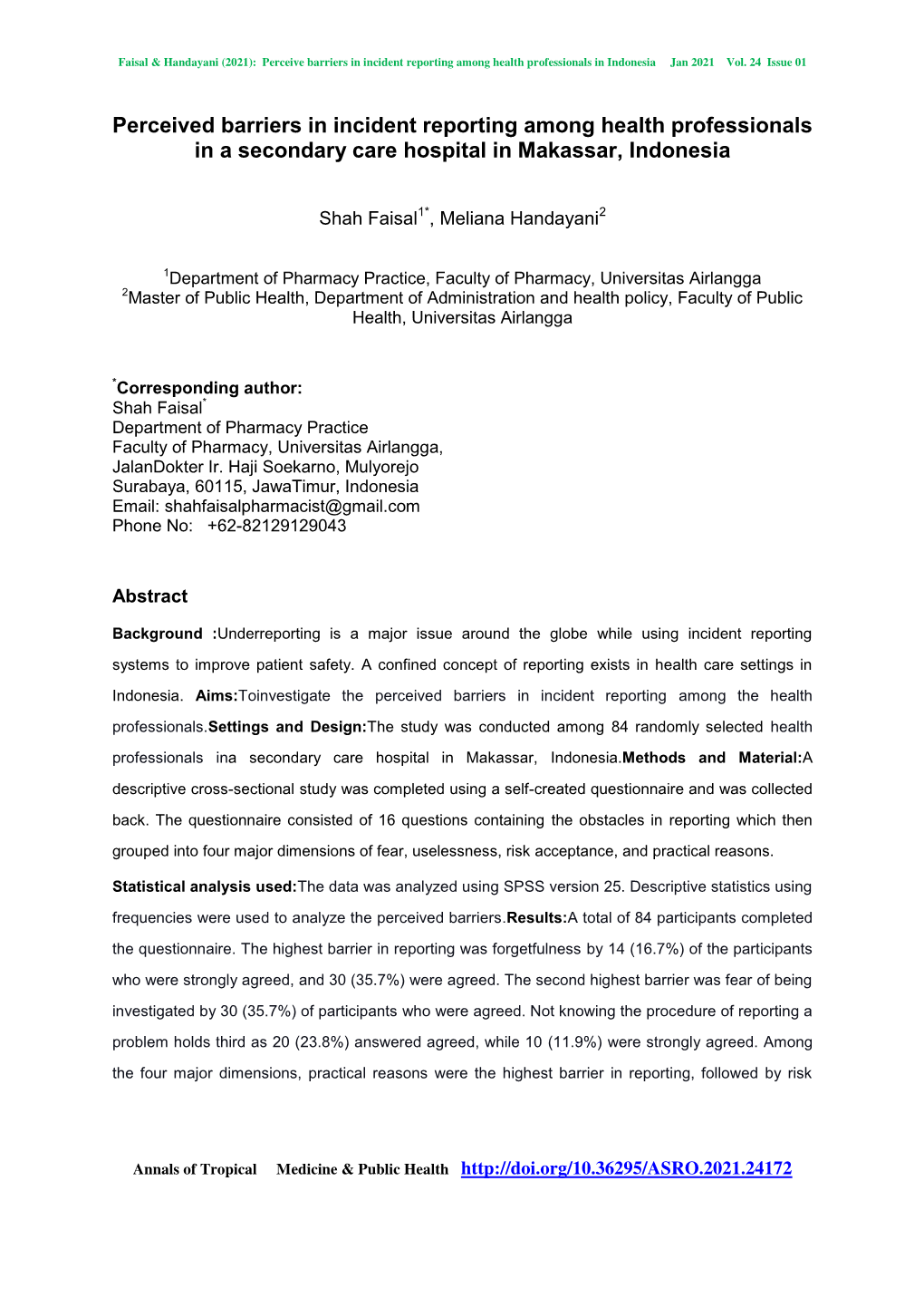 Perceived Barriers in Incident Reporting Among Health Professionals in a Secondary Care Hospital in Makassar, Indonesia