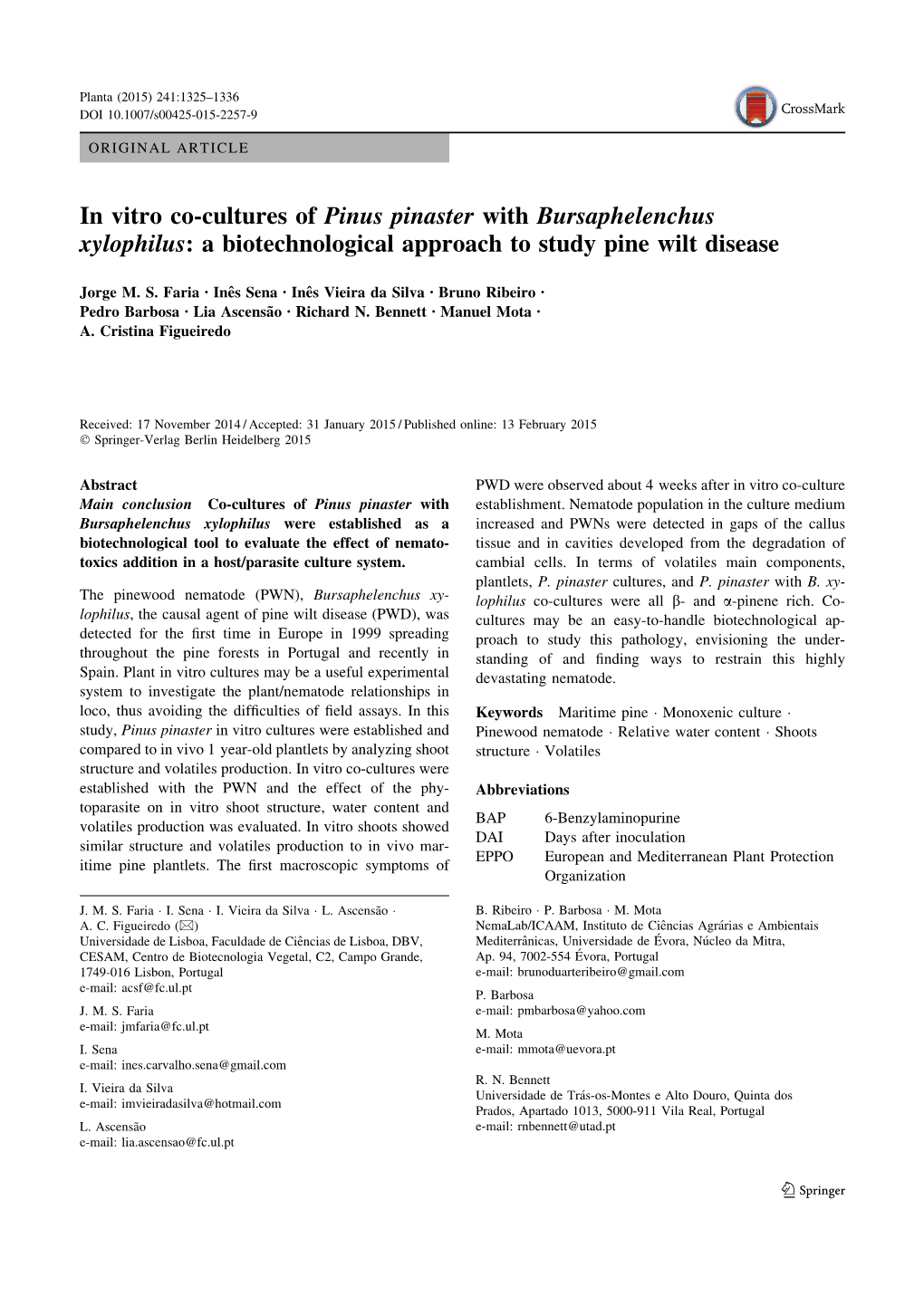 In Vitro Co-Cultures of Pinus Pinaster with Bursaphelenchus Xylophilus: a Biotechnological Approach to Study Pine Wilt Disease