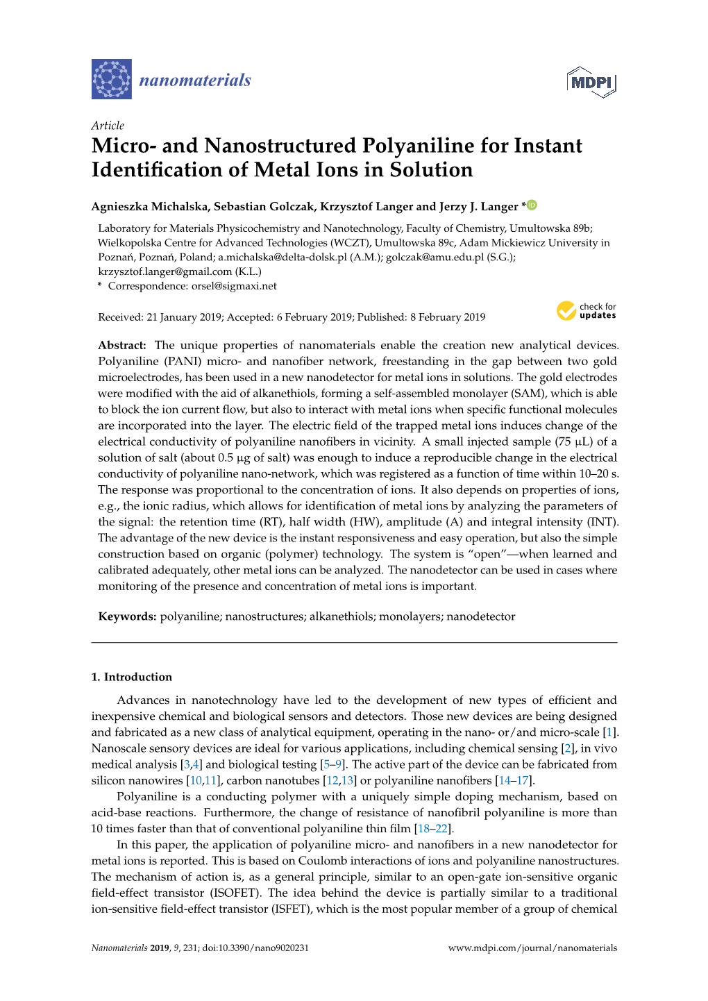 And Nanostructured Polyaniline for Instant Identification of Metal