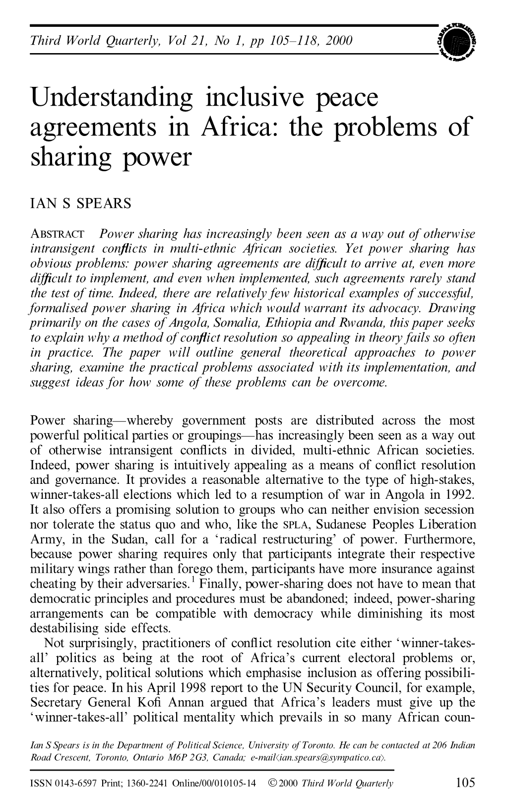 Understanding Inclusive Peace Agreements in Africa: the Problems of Sharing Power