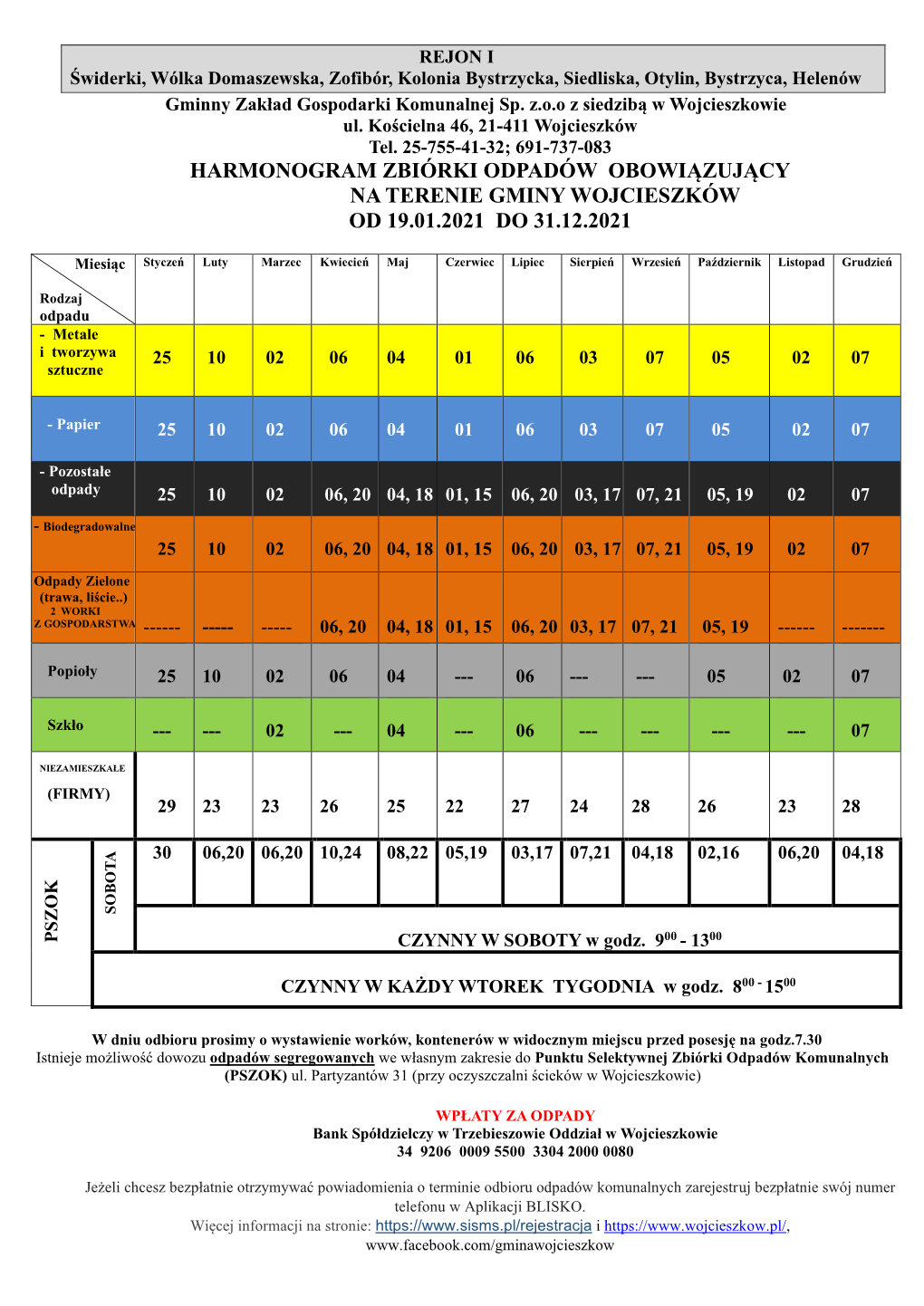 Harmonogram Zbiórki Odpadów Obowiązujący Na Terenie Gminy Wojcieszków Od 19.01.2021 Do 31.12.2021