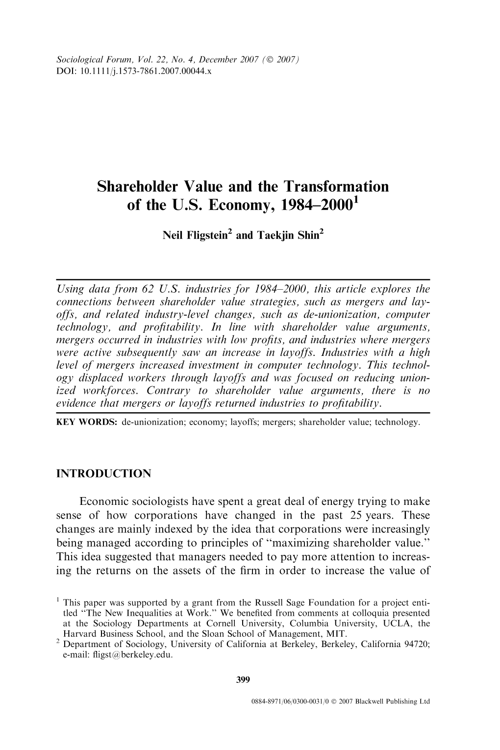 Shareholder Value and the Transformation of the U.S. Economy, 1984–20001