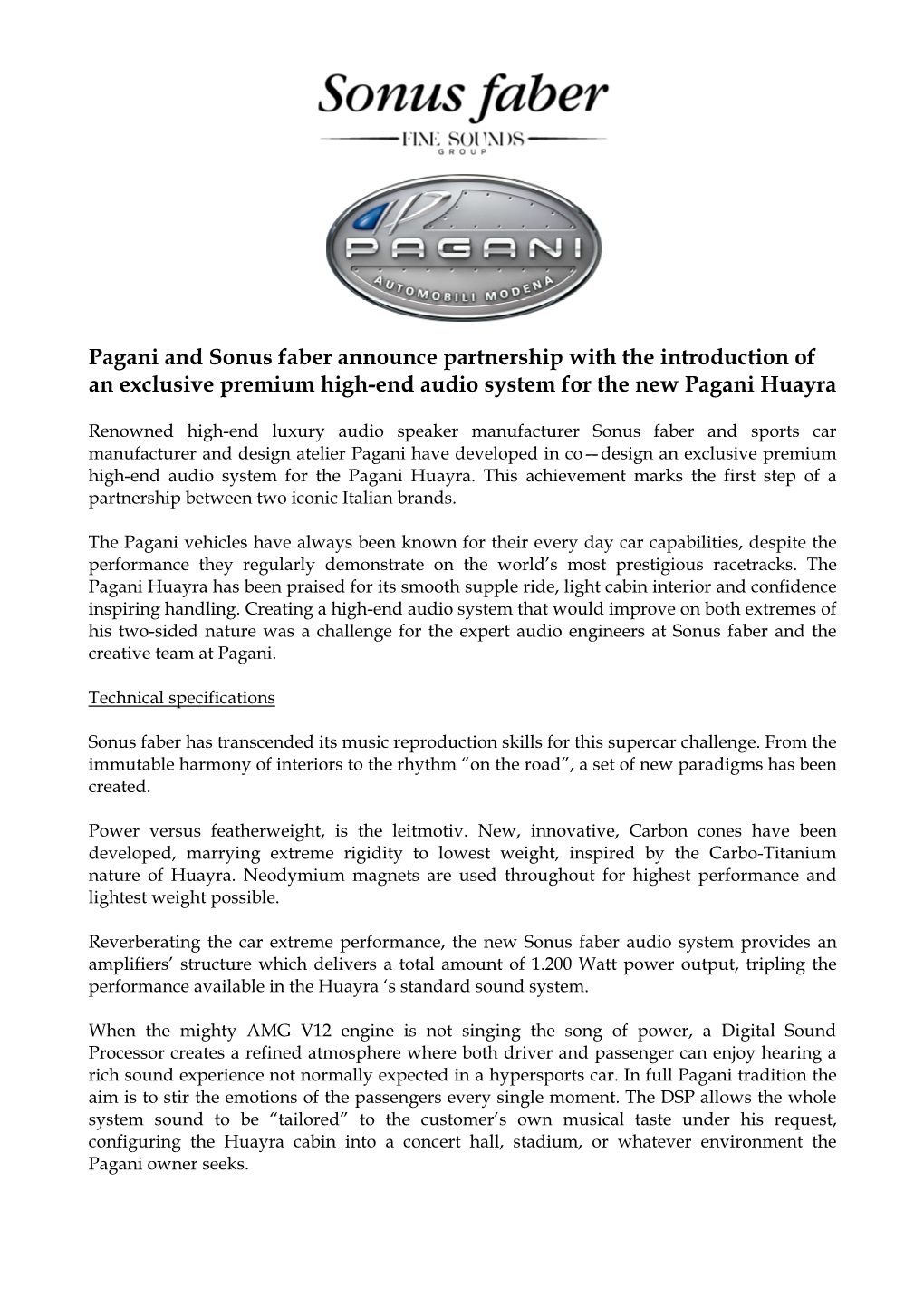 Pagani and Sonus Faber Press Release