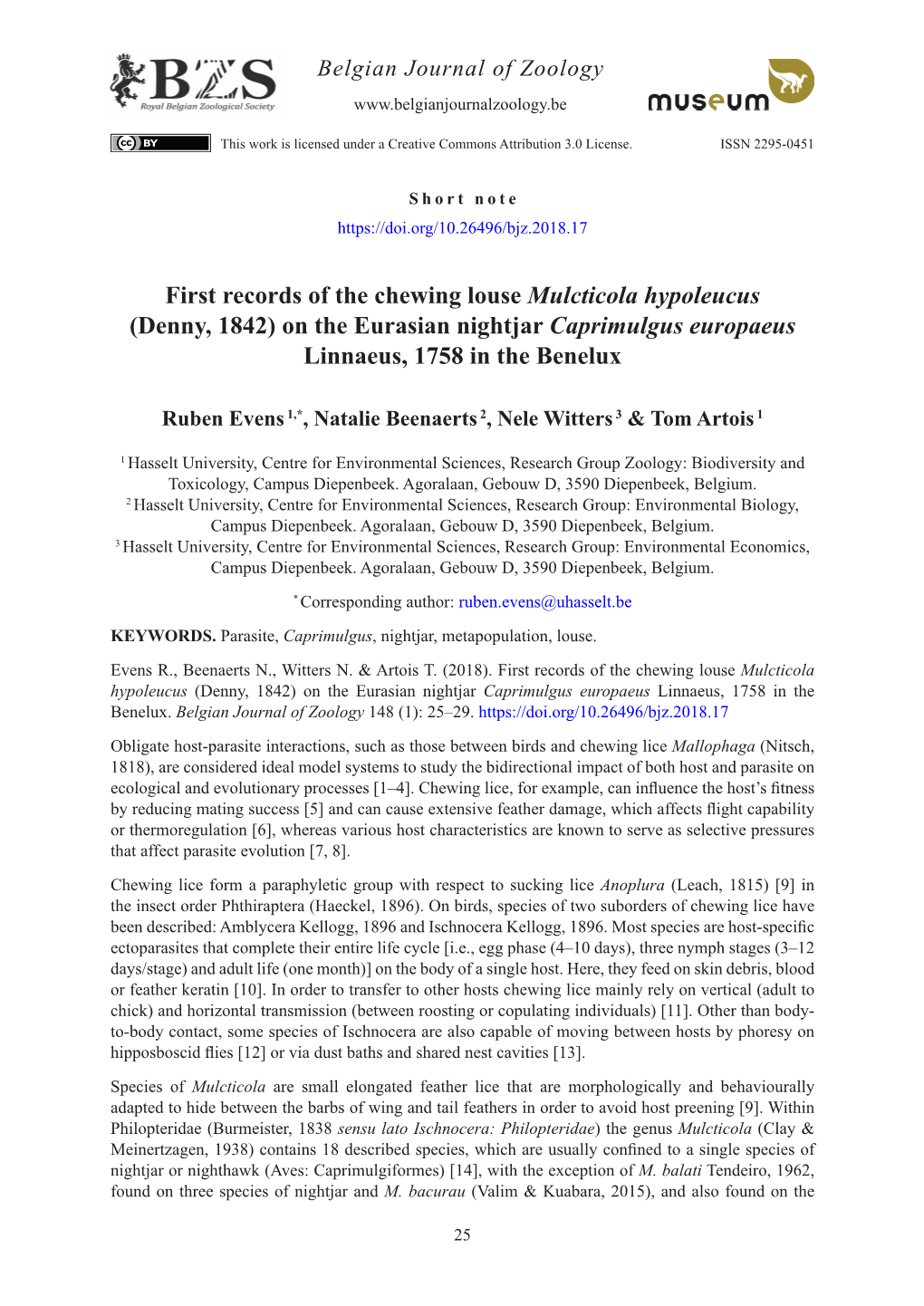 First Records of the Chewing Louse Mulcticola Hypoleucus (Denny, 1842) on the Eurasian Nightjar Caprimulgus Europaeus Linnaeus, 1758 in the Benelux