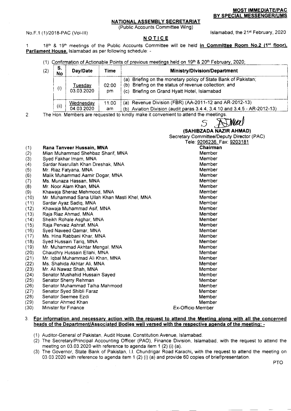 NOTICE 1 18Rh & 1 9Rh Meetings of the Public Accounts Committee Will Be Held M No.Z 1"T F Parliament House